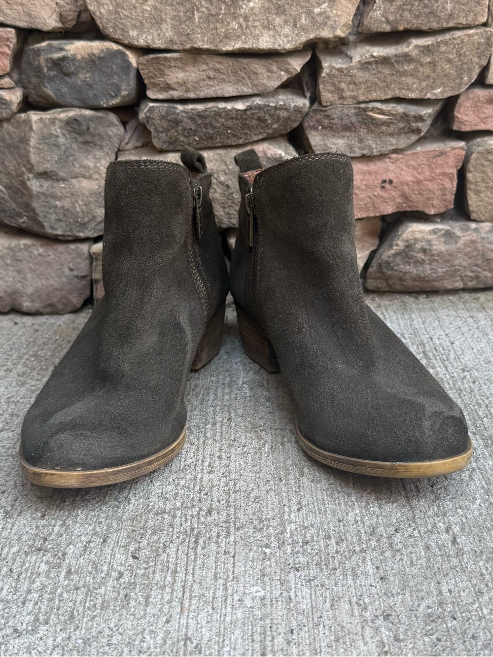 Lucky Brand Dark Olive Suede Ankle Booties with Side Zip